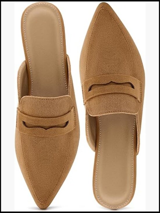 Shoes - Pointed Toe Suede Mules Slip On Flats Elegant Business Casual Work Shoes